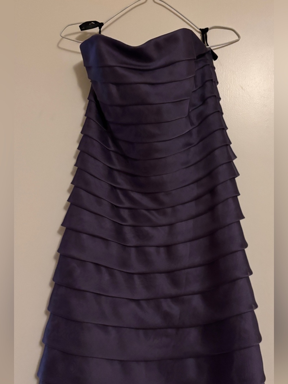 ALFRED SUNG Strapless Tiered Satin Dress in Deep Purple